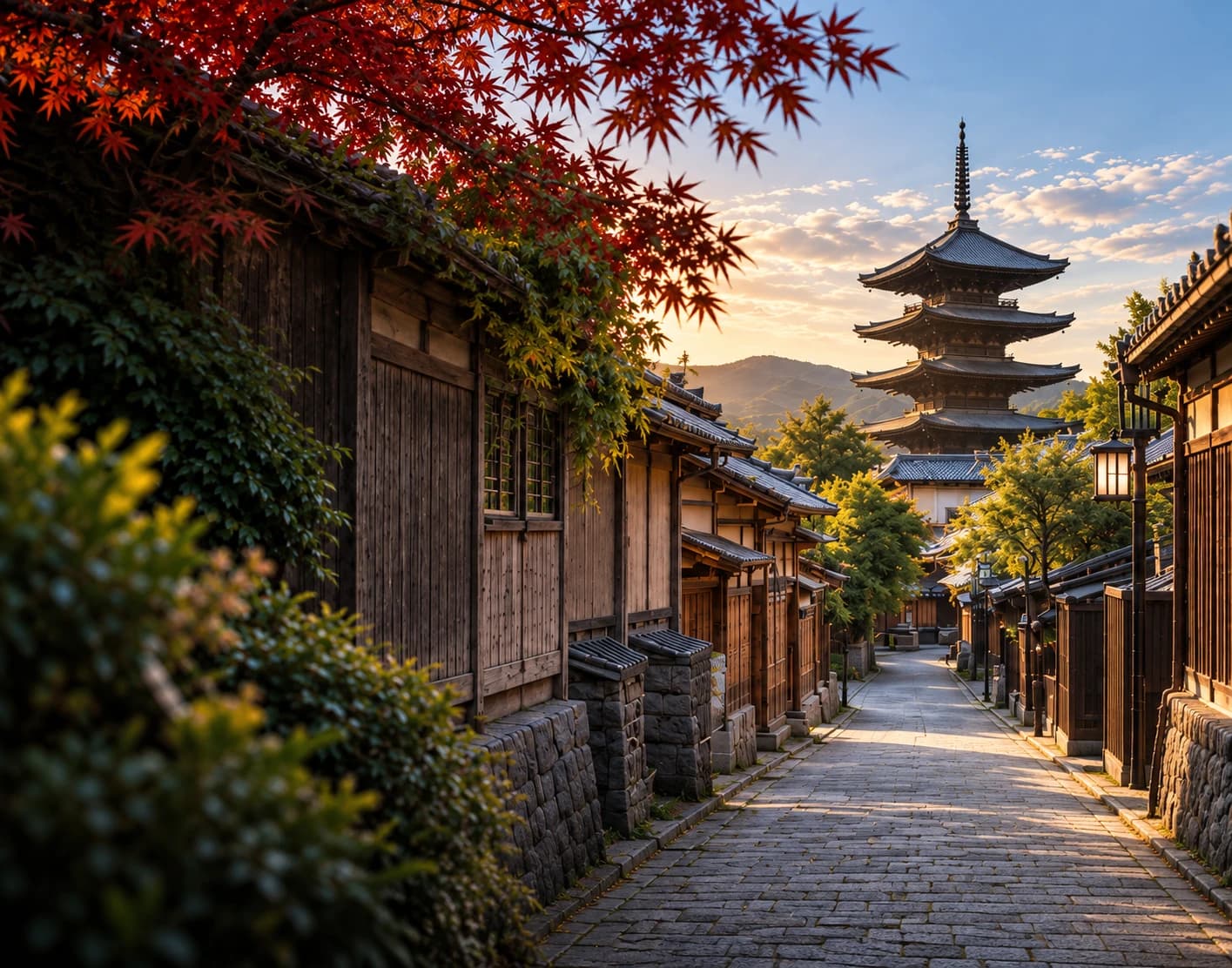 Illustrative autumn view of a traditional Kyoto lane and Yasaka Pagoda