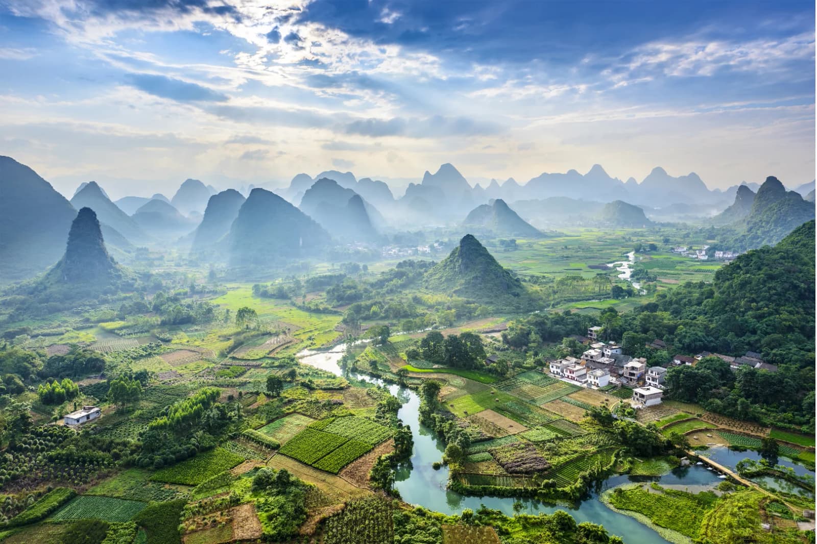 Fields, villages and limestone peaks around Yangshuo