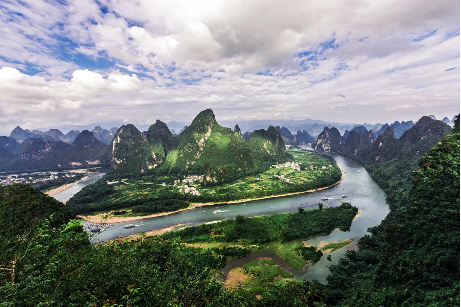 The Li River winding between limestone peaks near Yangshuo