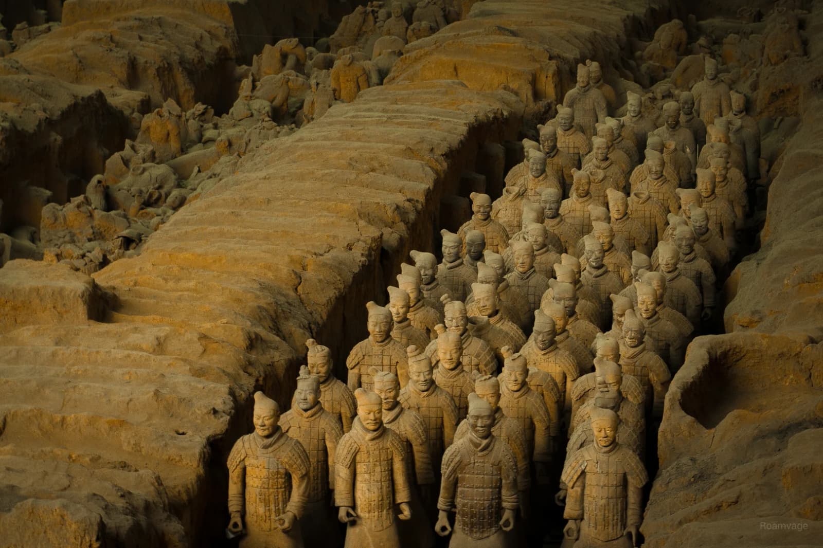 Rows of terracotta soldiers in the excavated army pits near Xi’an