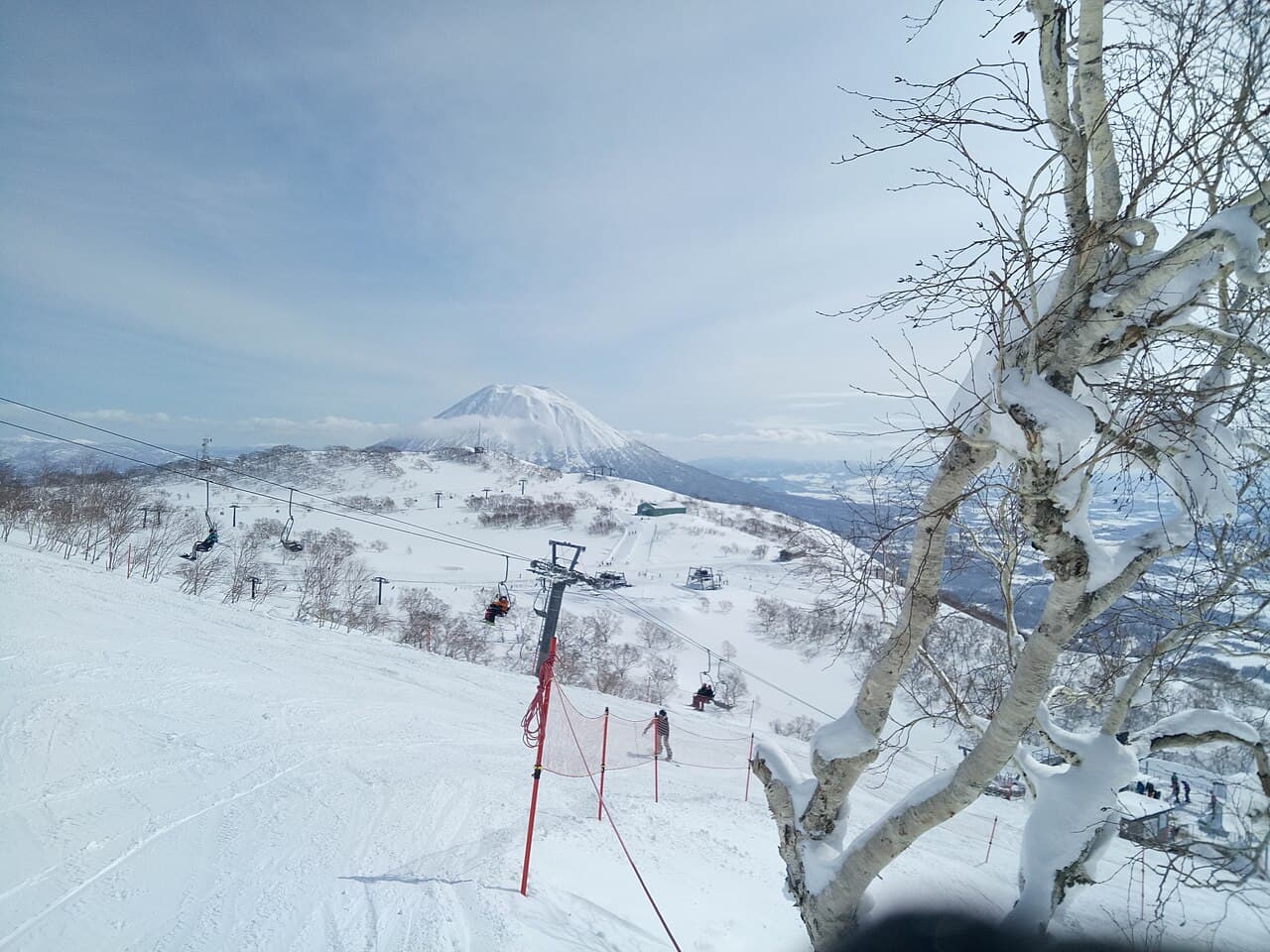 Skiers at Grand Hirafu with Mount Yotei in the distance