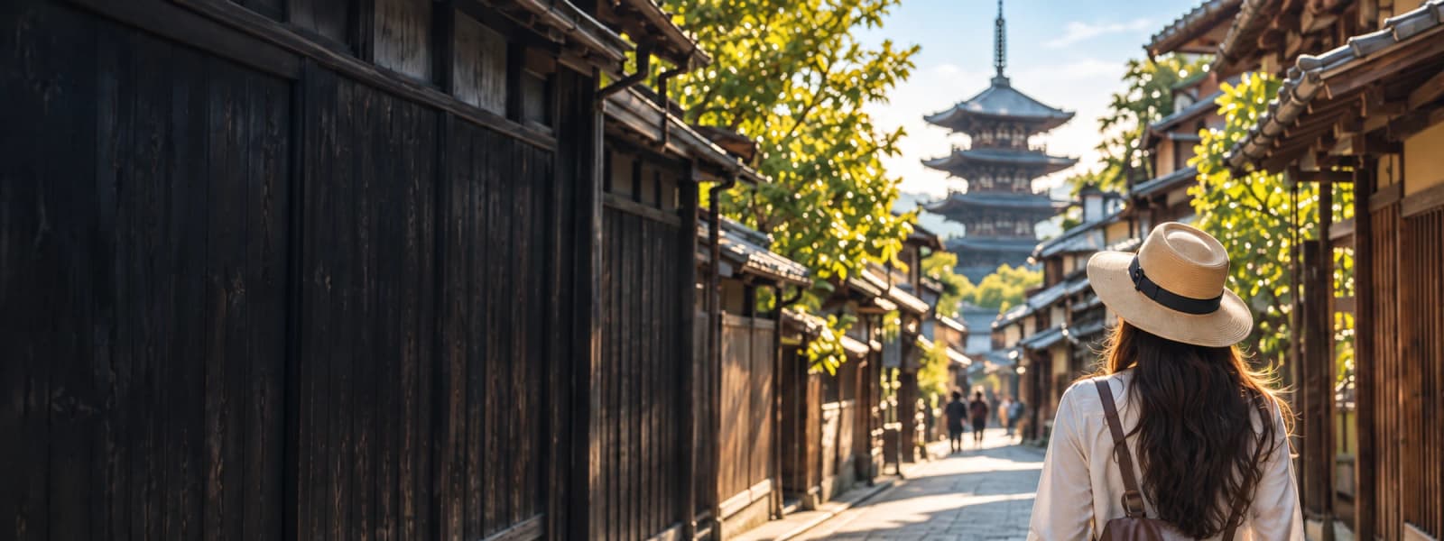A traveller on a traditional Kyoto street, with a pagoda in the distance