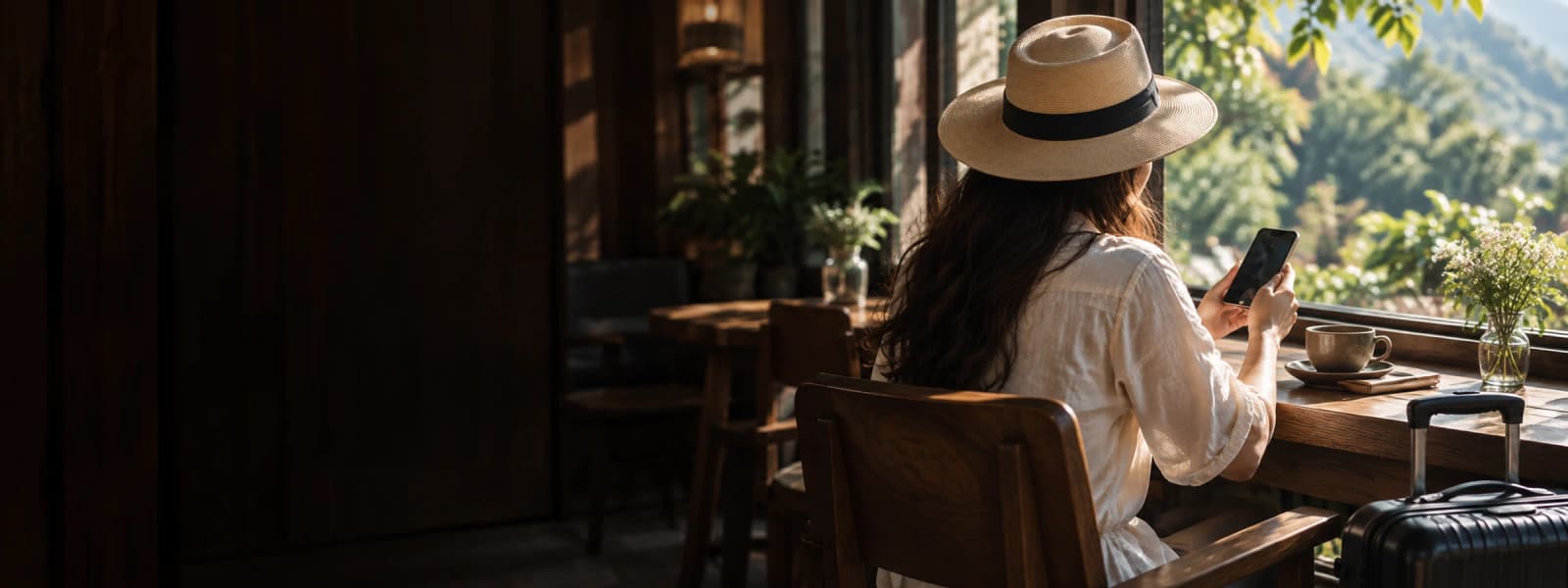 A traveller using a phone beside a café window