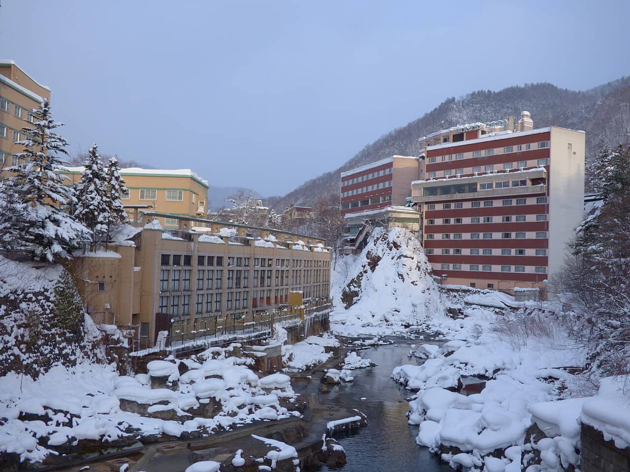Jozankei Onsen town surrounded by winter snow