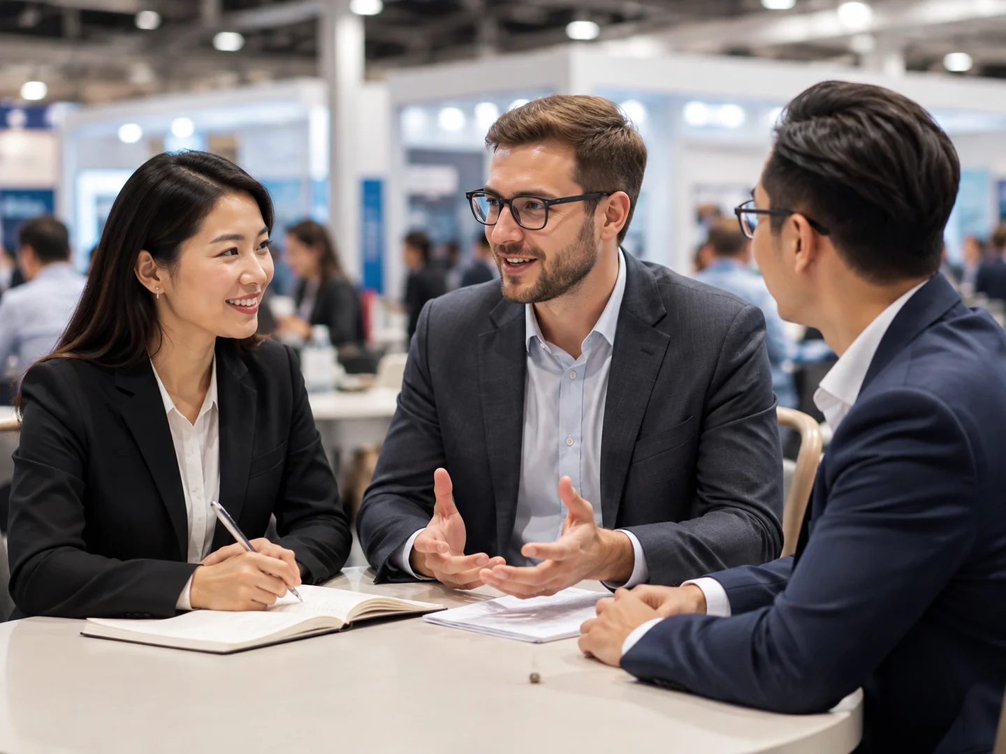Illustrative business interpreter supporting a trade fair meeting