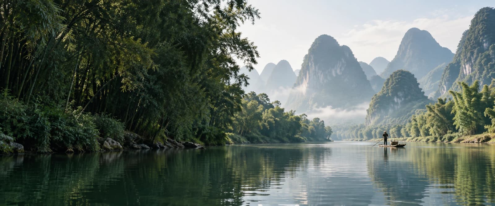 Illustrative landscape of a quiet river and misty karst peaks in China