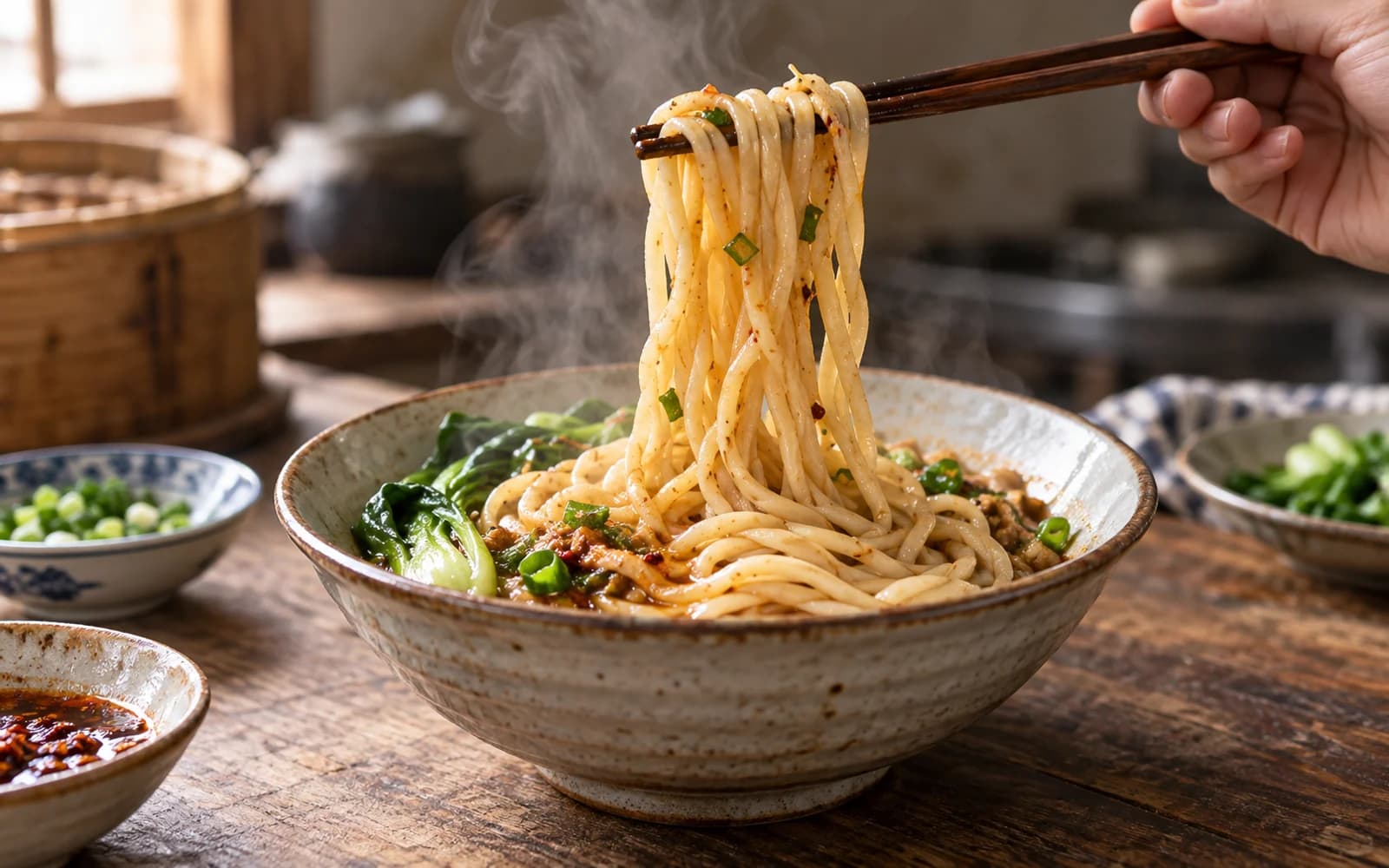 Illustrative culinary scene of freshly prepared Chinese noodles
