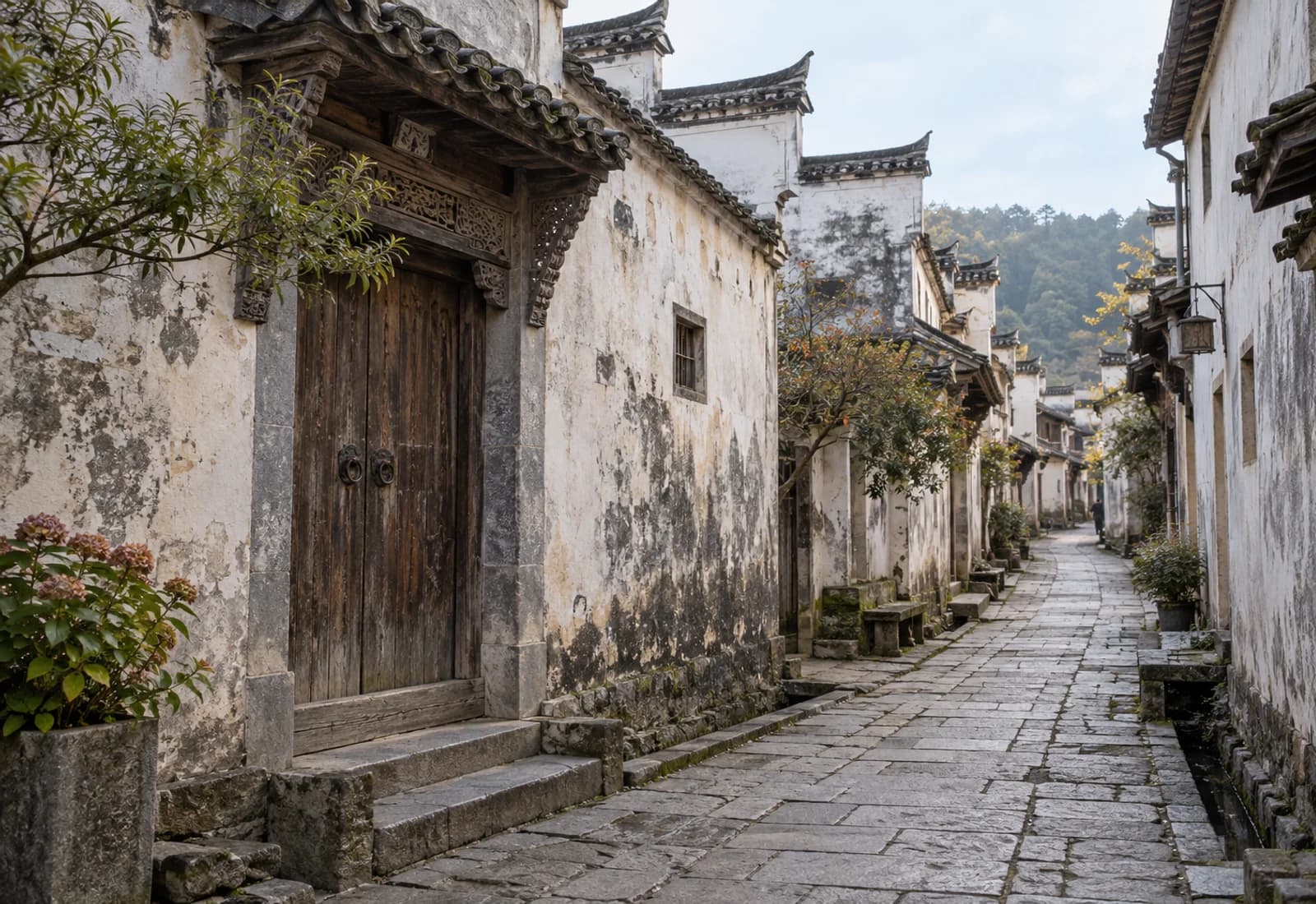 Illustrative view of a village lane with traditional white walls and timber doors