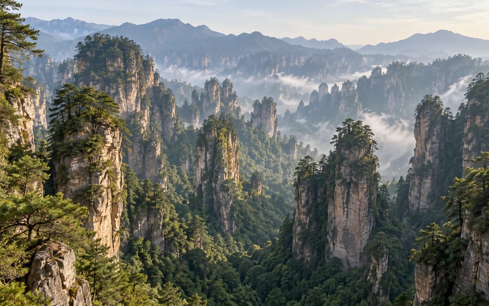 Illustrative view of forested sandstone pillars inspired by Zhangjiajie