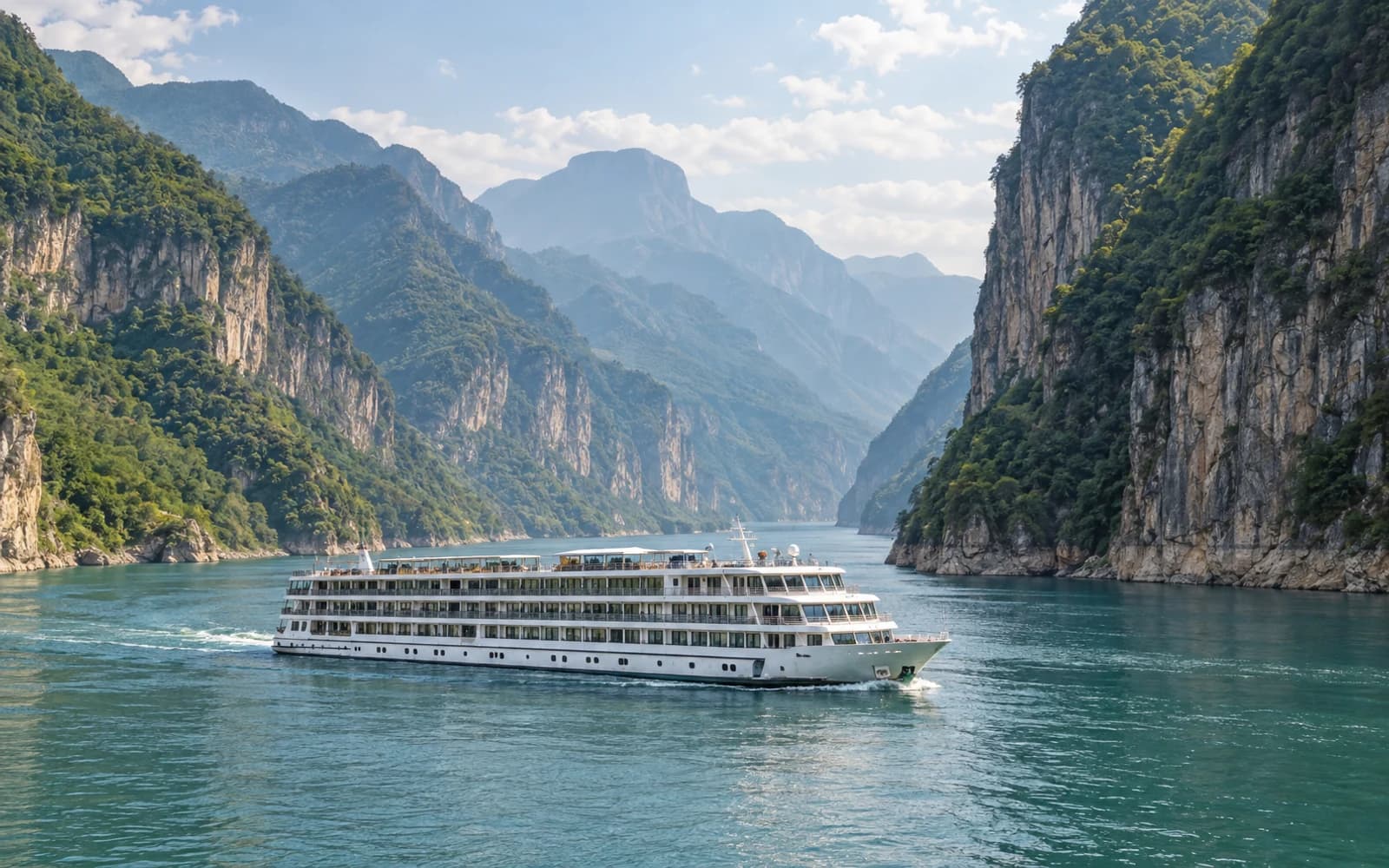 Illustration of a river cruise through the Three Gorges; not a specific vessel