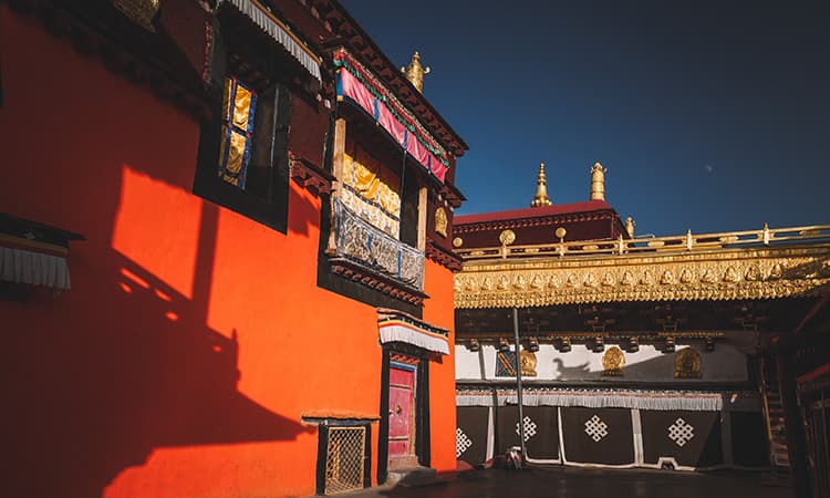 Red walls and ornate monastery architecture at Labrang
